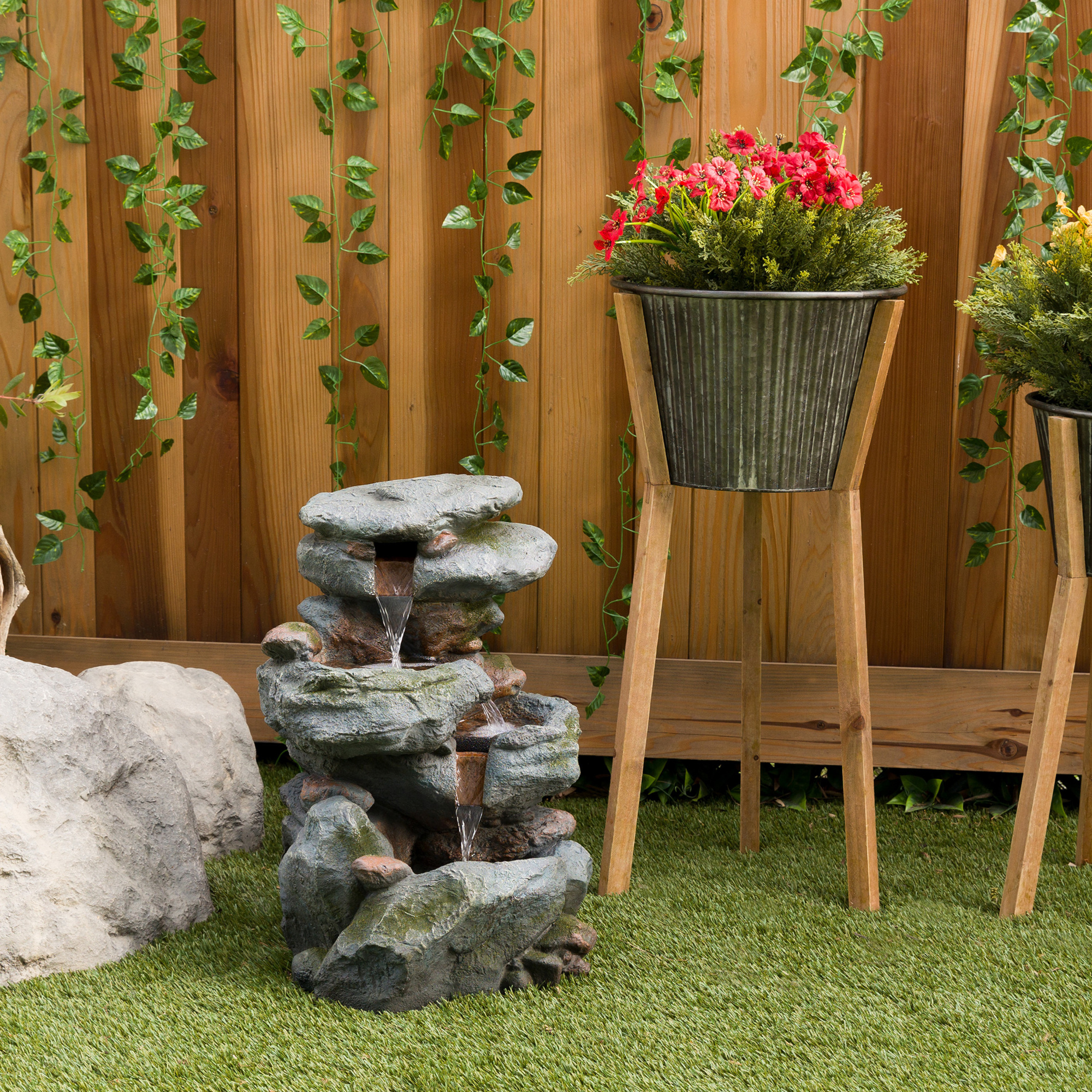 Alpine Corporation WIN582 Outdoor Natural Stone Look 3 Tier Rock Waterfall Floor Fountain with LED Lights for Garden, Patio, Yard, and Porch Decor, 22" H, Gray